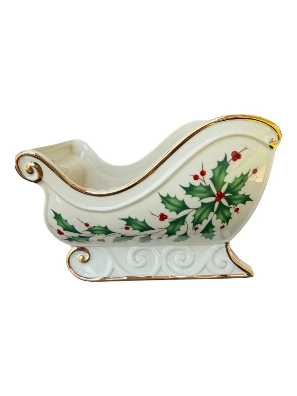 NIB VINTAGE LENOX HOLIDAY ARCHIVE SLEIGH DISH W/ HOLLY BERRIES 5.7